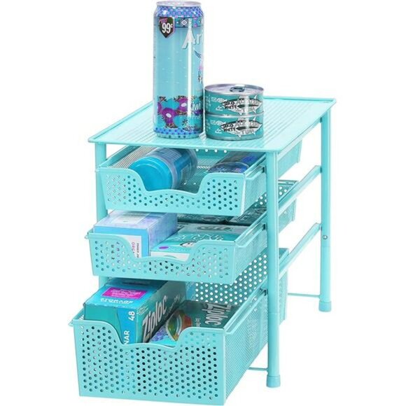 Simple Houseware Stackable 3 Tier Sliding Basket Organizer Drawer, Turquoise - Picture 2 of 6